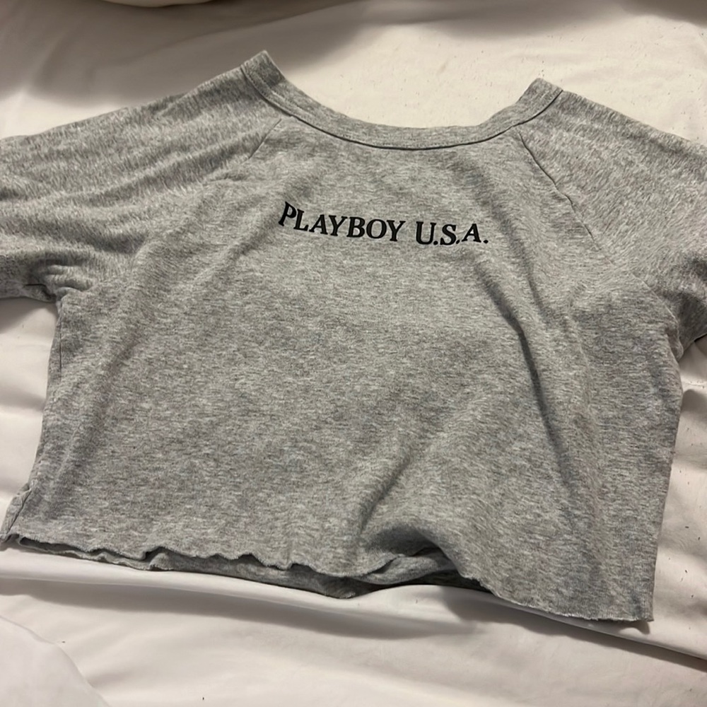 playboy crop top in grey rim Pacsun.